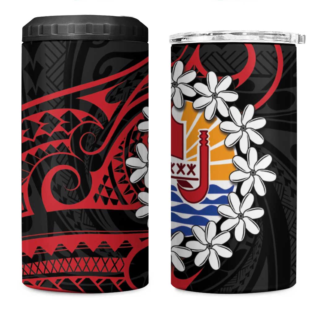 Tahitian Coat Of Arm and Tiare Flower 4 in 1 Can Cooler Tumbler Polynesian Tribal Tattoo