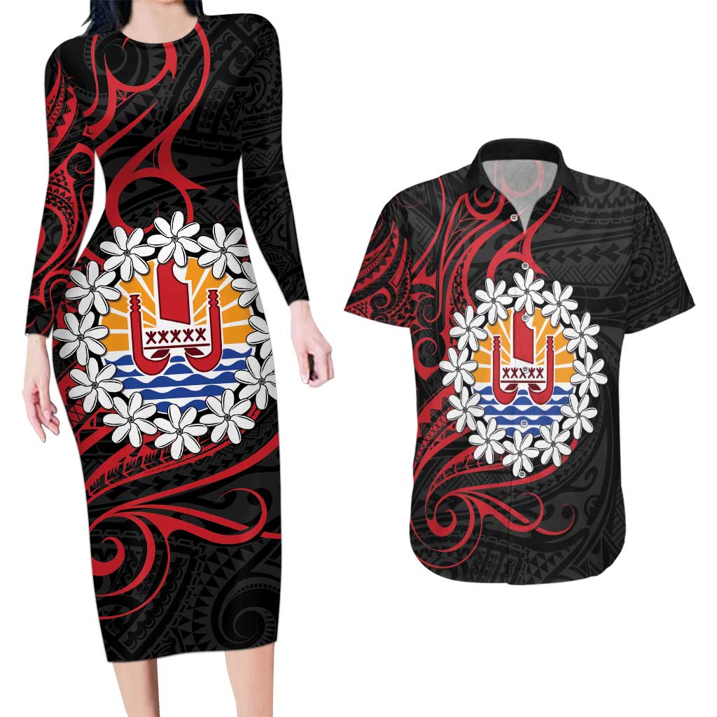 Tahitian Coat Of Arm and Tiare Flower Couples Matching Long Sleeve Bodycon Dress and Hawaiian Shirt Polynesian Tribal Tattoo