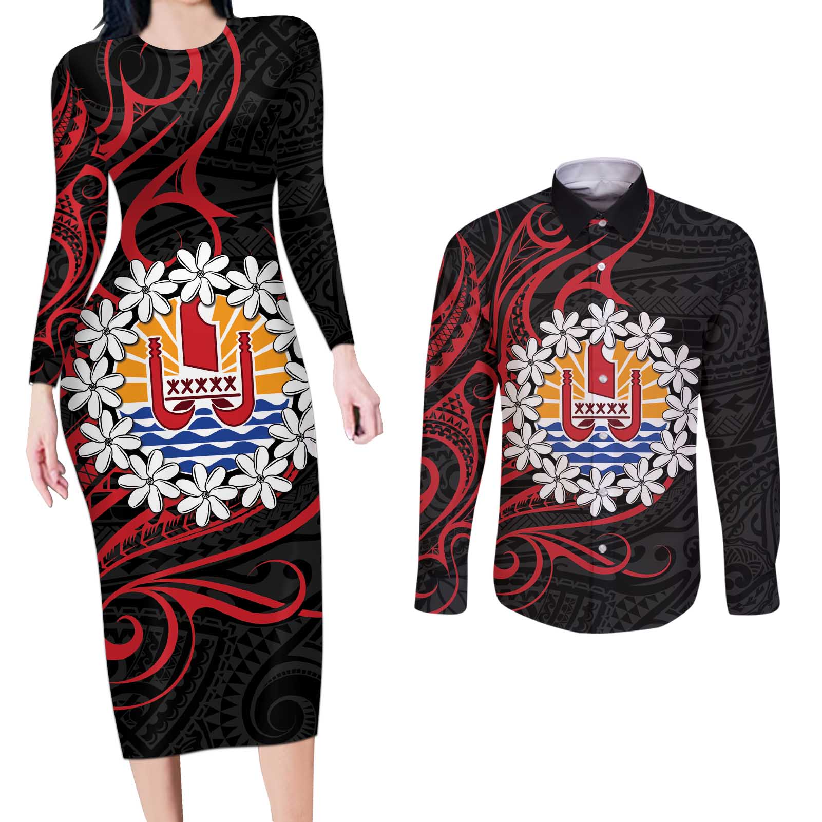 Tahitian Coat Of Arm and Tiare Flower Couples Matching Long Sleeve Bodycon Dress and Long Sleeve Button Shirt Polynesian Tribal Tattoo