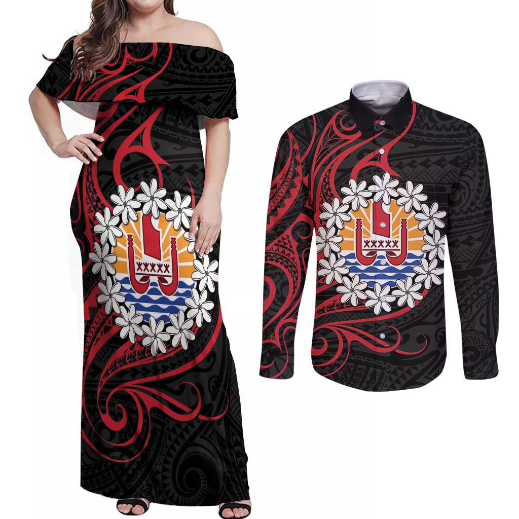 Tahitian Coat Of Arm and Tiare Flower Couples Matching Off Shoulder Maxi Dress and Long Sleeve Button Shirt Polynesian Tribal Tattoo