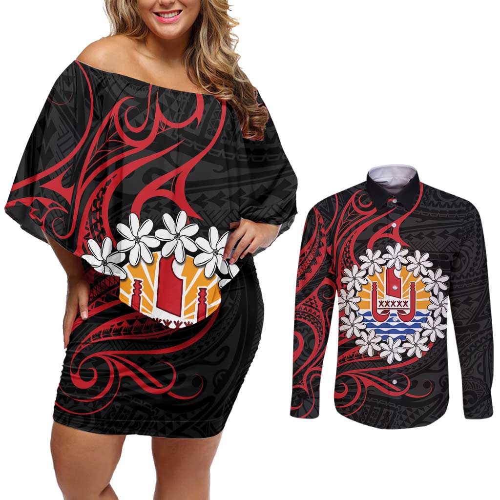 Tahitian Coat Of Arm and Tiare Flower Couples Matching Off Shoulder Short Dress and Long Sleeve Button Shirt Polynesian Tribal Tattoo