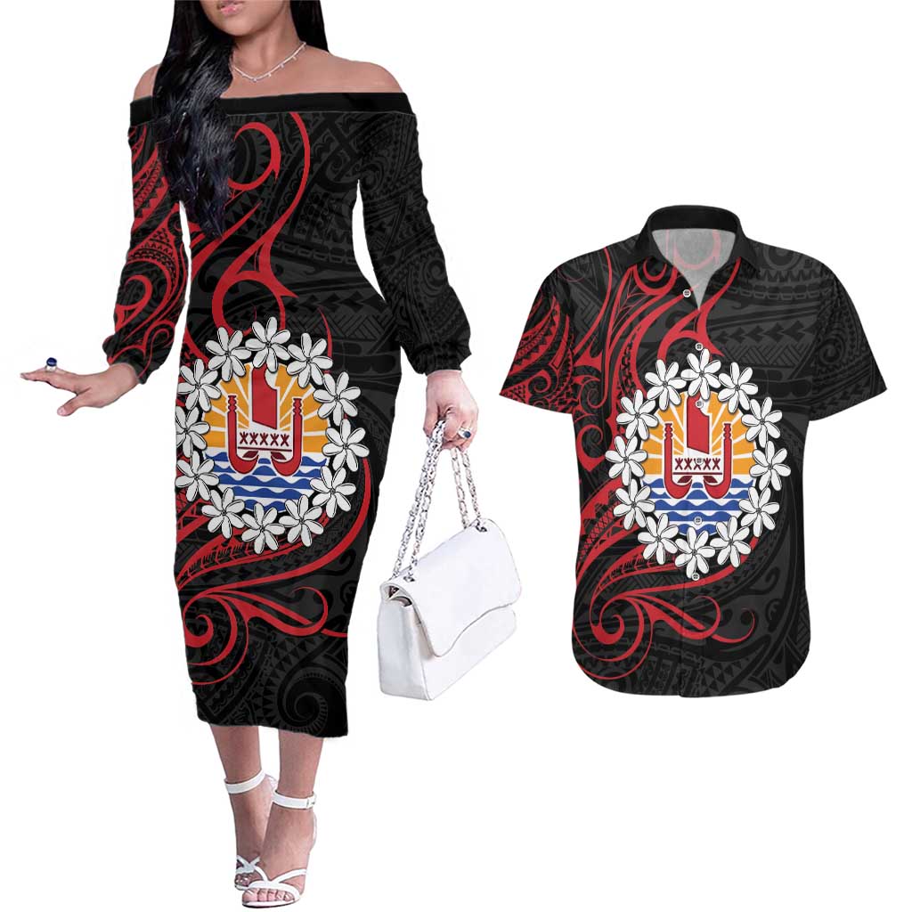 Tahitian Coat Of Arm and Tiare Flower Couples Matching Off The Shoulder Long Sleeve Dress and Hawaiian Shirt Polynesian Tribal Tattoo