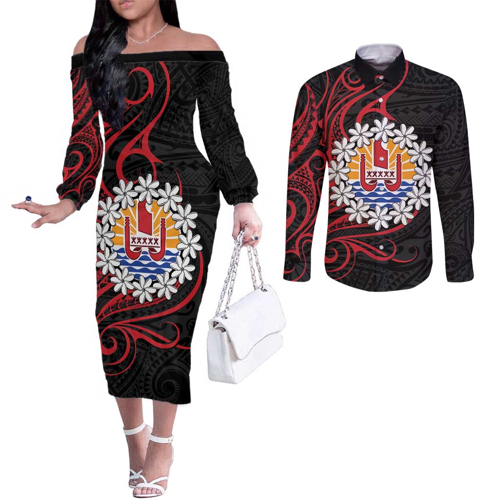 Tahitian Coat Of Arm and Tiare Flower Couples Matching Off The Shoulder Long Sleeve Dress and Long Sleeve Button Shirt Polynesian Tribal Tattoo