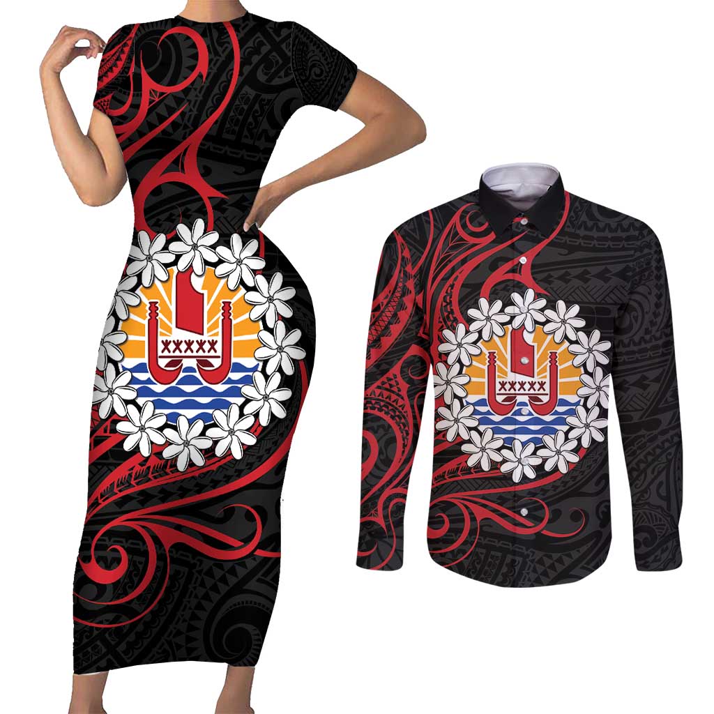 Tahitian Coat Of Arm and Tiare Flower Couples Matching Short Sleeve Bodycon Dress and Long Sleeve Button Shirt Polynesian Tribal Tattoo