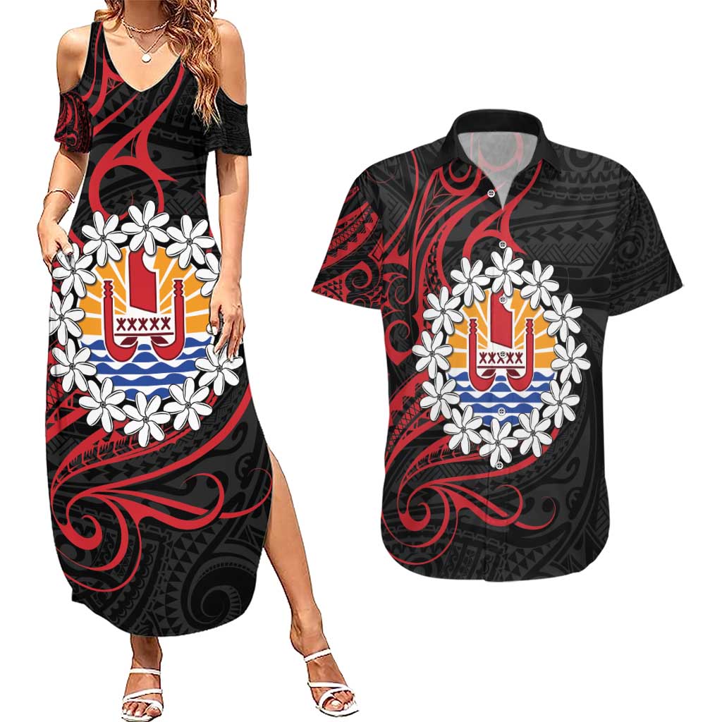 Tahitian Coat Of Arm and Tiare Flower Couples Matching Summer Maxi Dress and Hawaiian Shirt Polynesian Tribal Tattoo