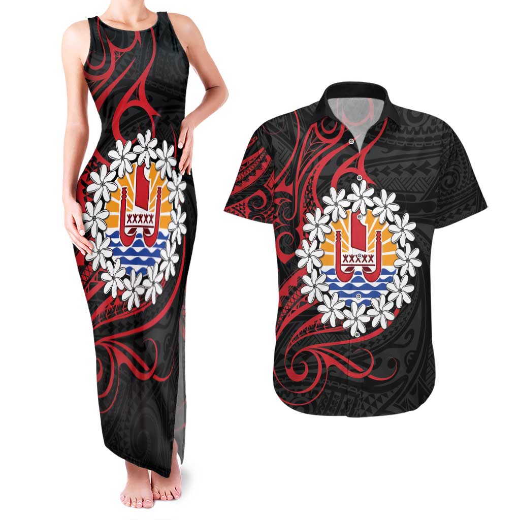 Tahitian Coat Of Arm and Tiare Flower Couples Matching Tank Maxi Dress and Hawaiian Shirt Polynesian Tribal Tattoo