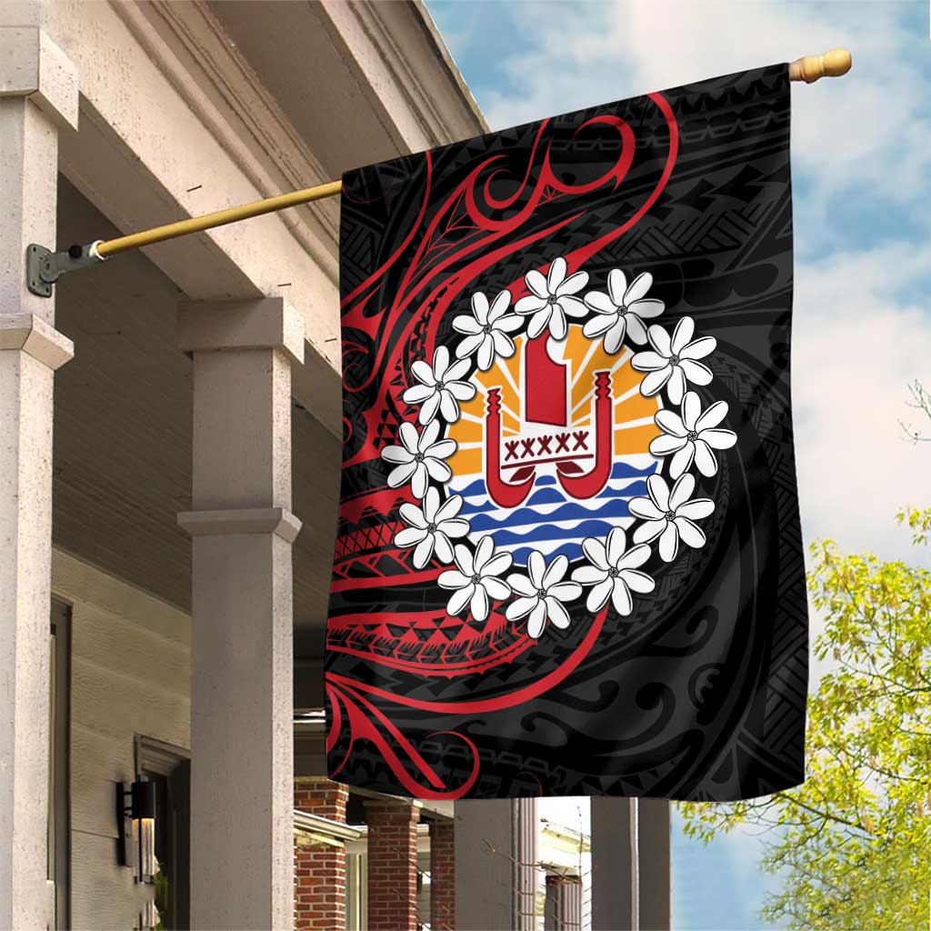 Tahitian Coat Of Arm and Tiare Flower Garden Flag Polynesian Tribal Tattoo LT9 House Flag Black - Polynesian Pride