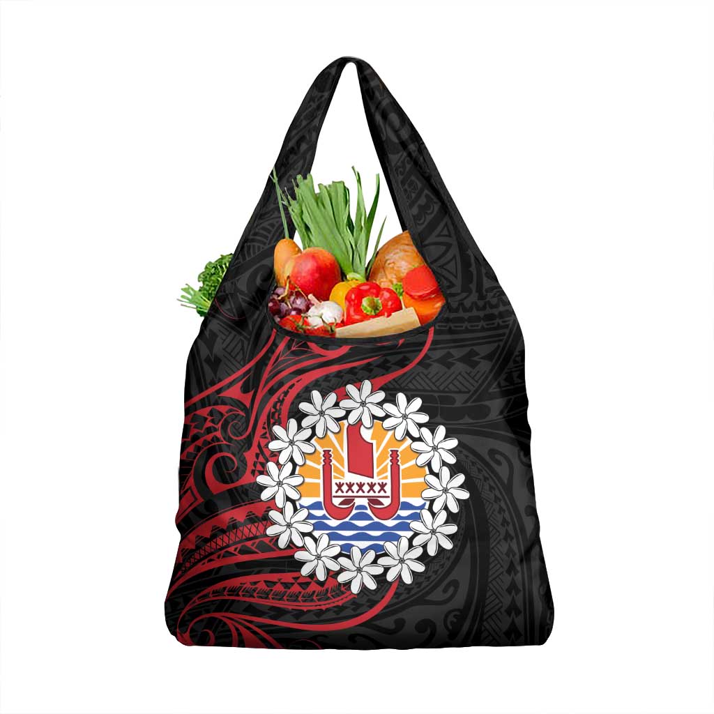 Tahitian Coat Of Arm and Tiare Flower Grocery Bag Polynesian Tribal Tattoo LT9 1-pack One Size Black - Polynesian Pride