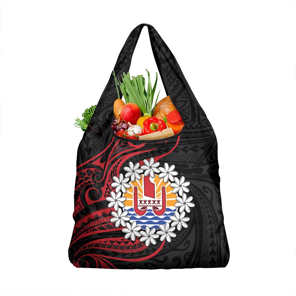 Tahitian Coat Of Arm and Tiare Flower Grocery Bag Polynesian Tribal Tattoo