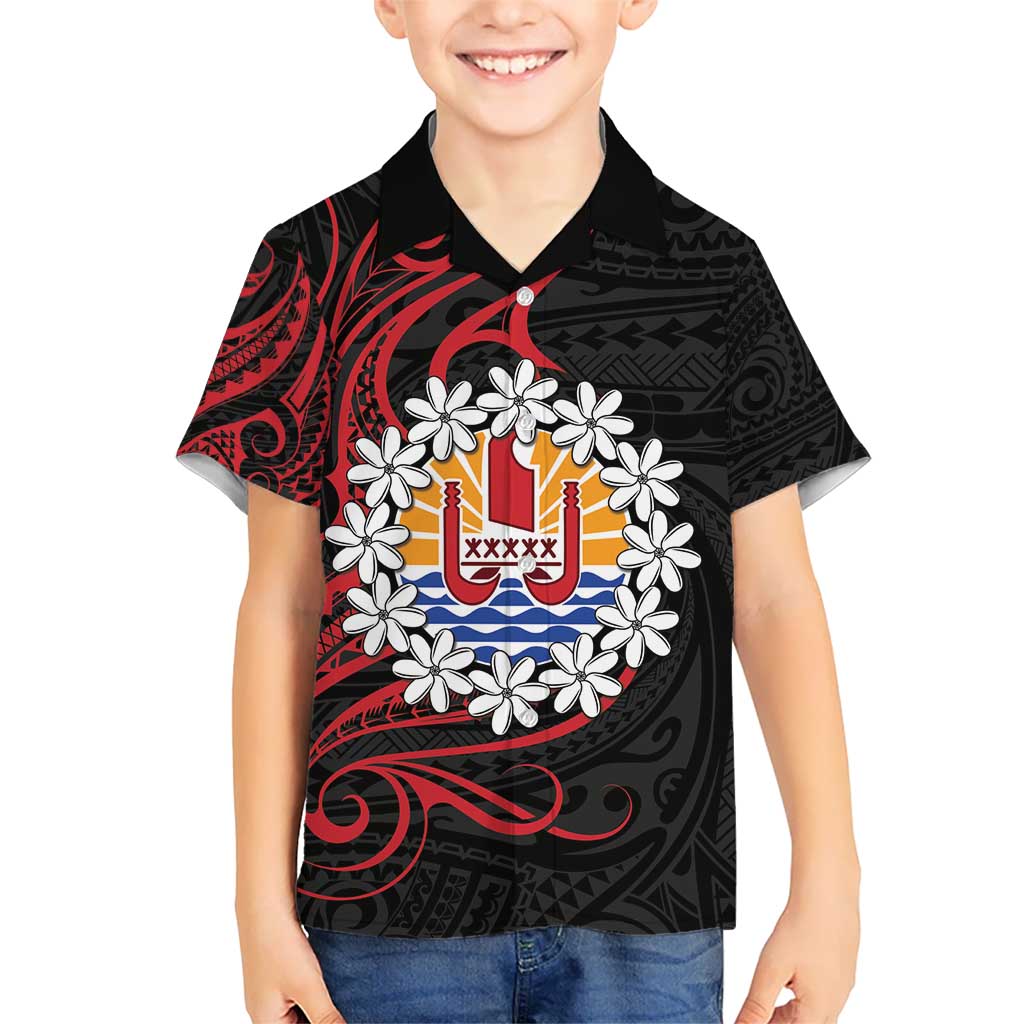 Tahitian Coat Of Arm and Tiare Flower Kid Hawaiian Shirt Polynesian Tribal Tattoo LT9 Kid Black - Polynesian Pride