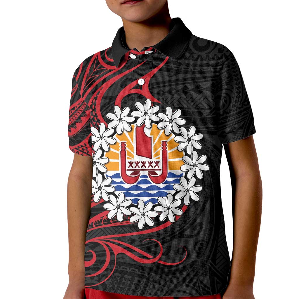 Tahitian Coat Of Arm and Tiare Flower Kid Polo Shirt Polynesian Tribal Tattoo