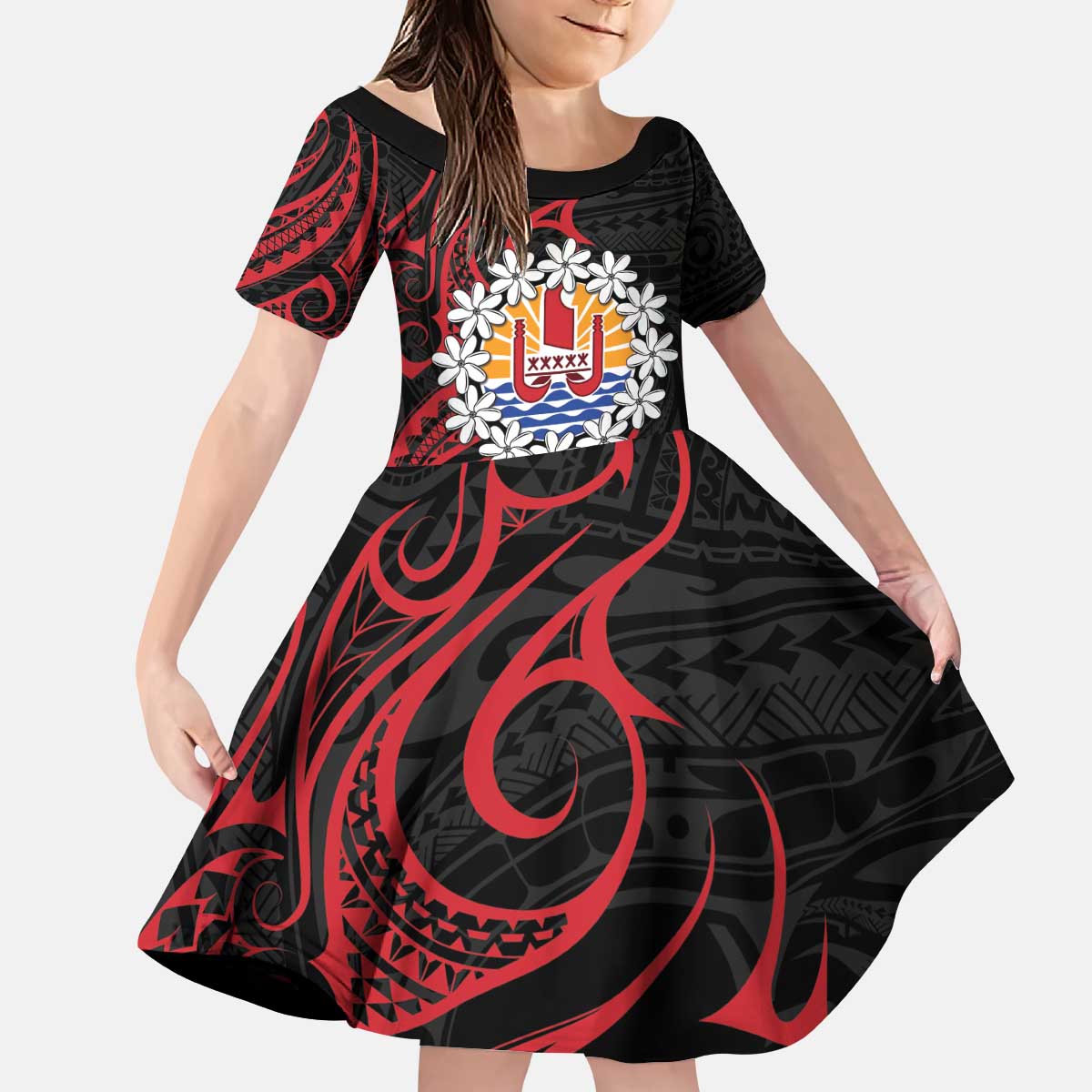 Tahitian Coat Of Arm and Tiare Flower Kid Short Sleeve Dress Polynesian Tribal Tattoo