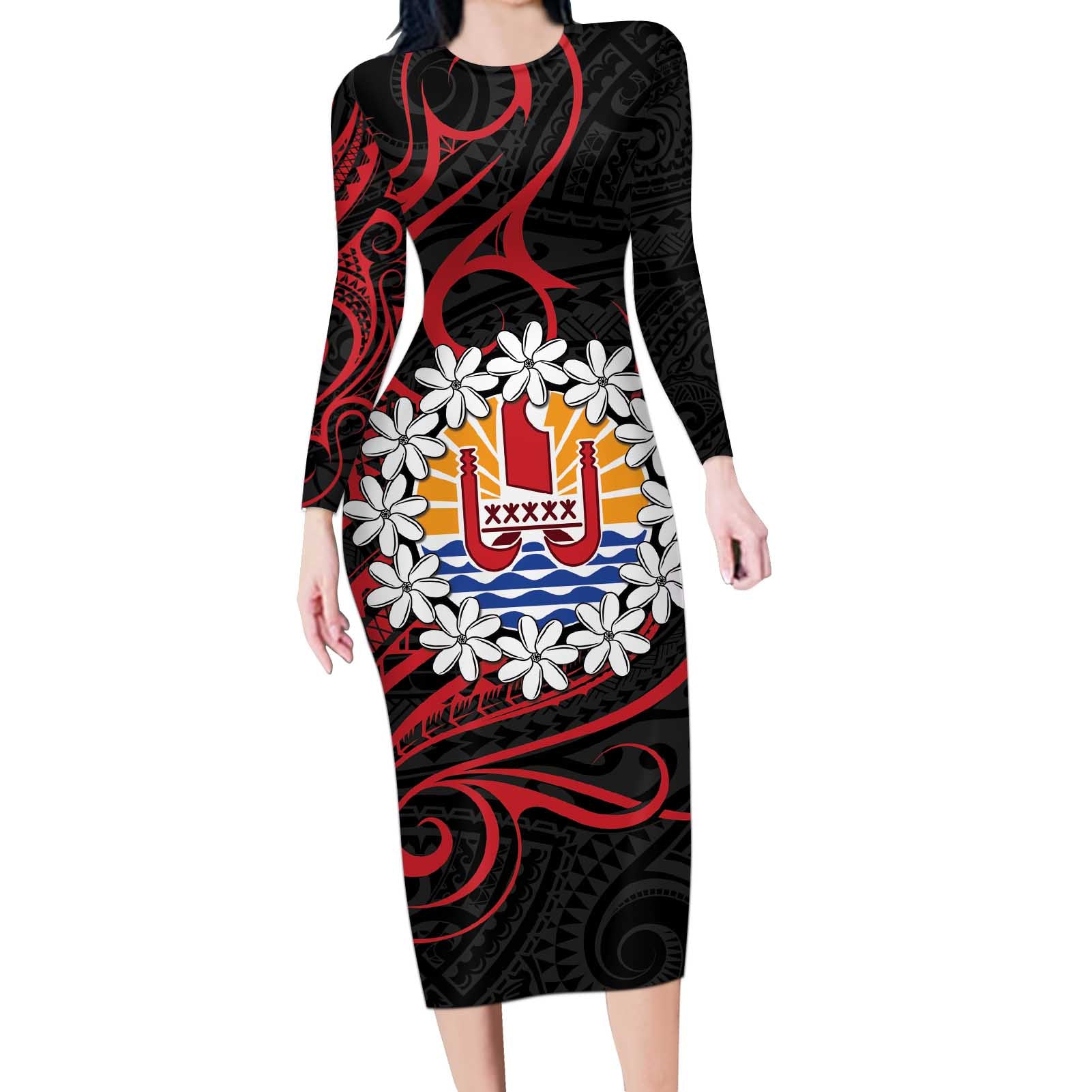 Tahitian Coat Of Arm and Tiare Flower Long Sleeve Bodycon Dress Polynesian Tribal Tattoo