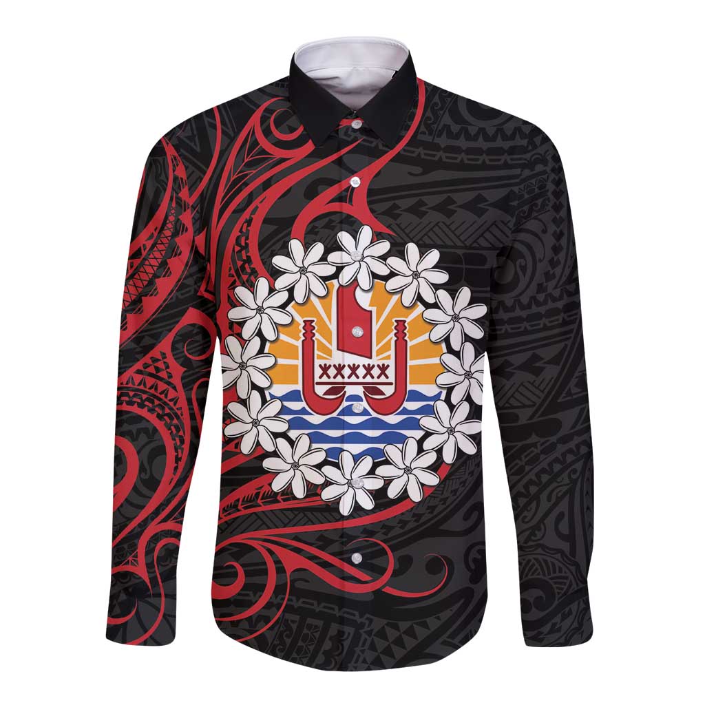 Tahitian Coat Of Arm and Tiare Flower Long Sleeve Button Shirt Polynesian Tribal Tattoo LT9 Unisex Black - Polynesian Pride