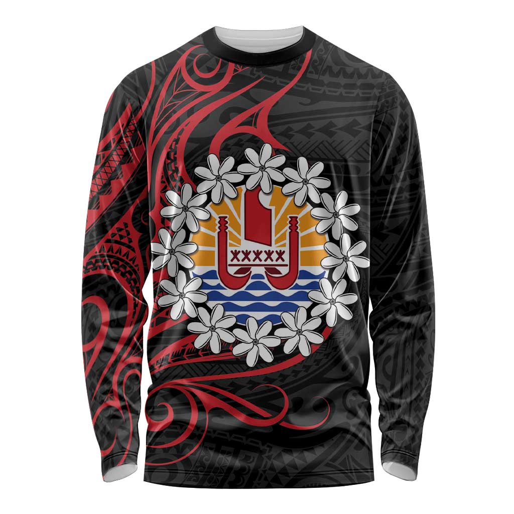 Tahitian Coat Of Arm and Tiare Flower Long Sleeve Shirt Polynesian Tribal Tattoo LT9 Unisex Black - Polynesian Pride