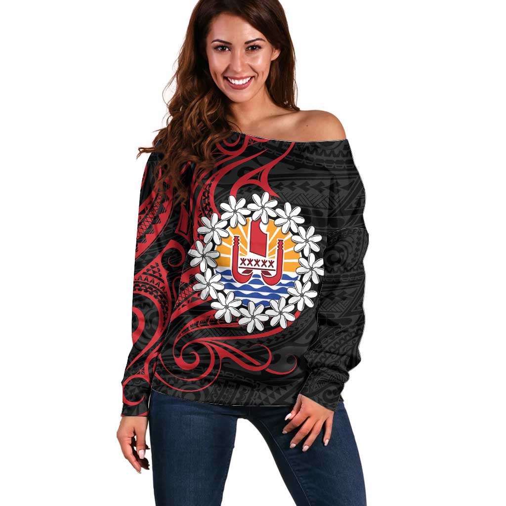 Tahitian Coat Of Arm and Tiare Flower Off Shoulder Sweater Polynesian Tribal Tattoo LT9 Women Black - Polynesian Pride