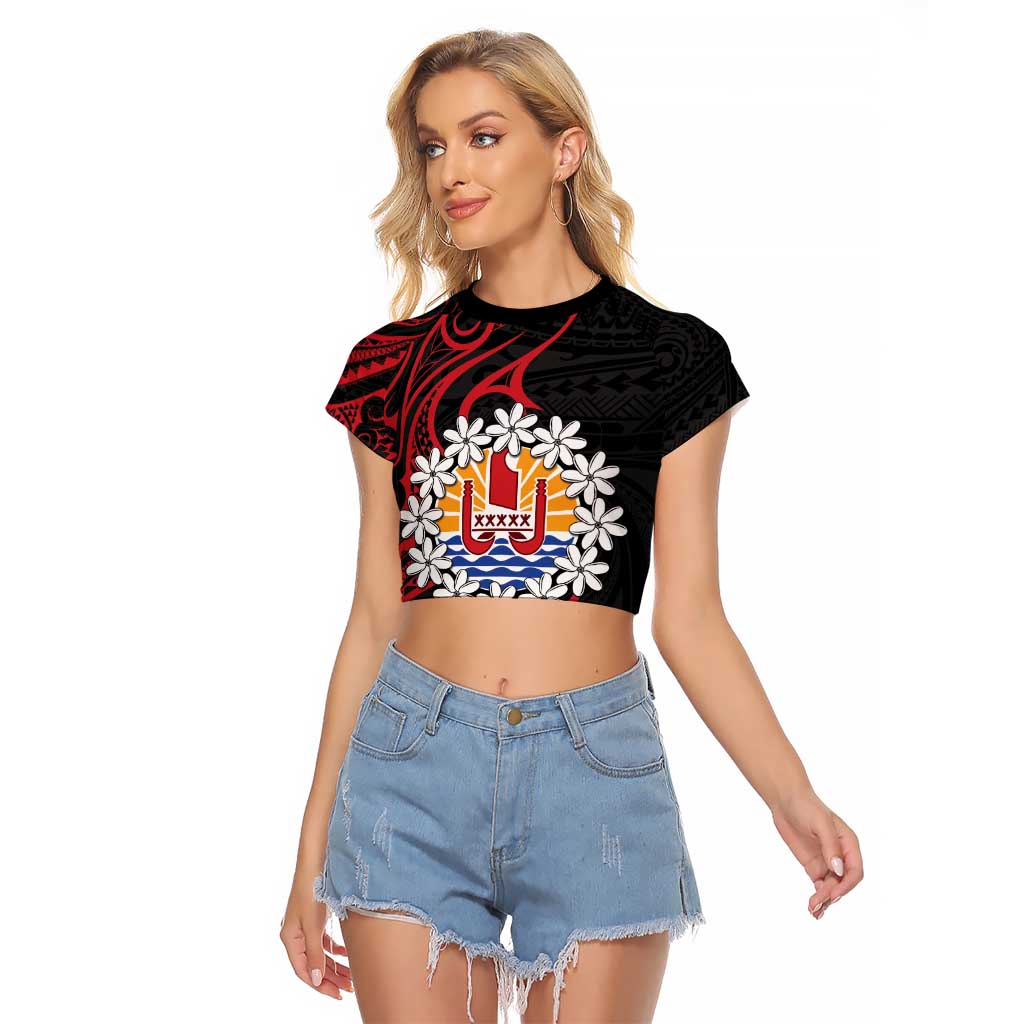 Tahitian Coat Of Arm and Tiare Flower Raglan Cropped T Shirt Polynesian Tribal Tattoo