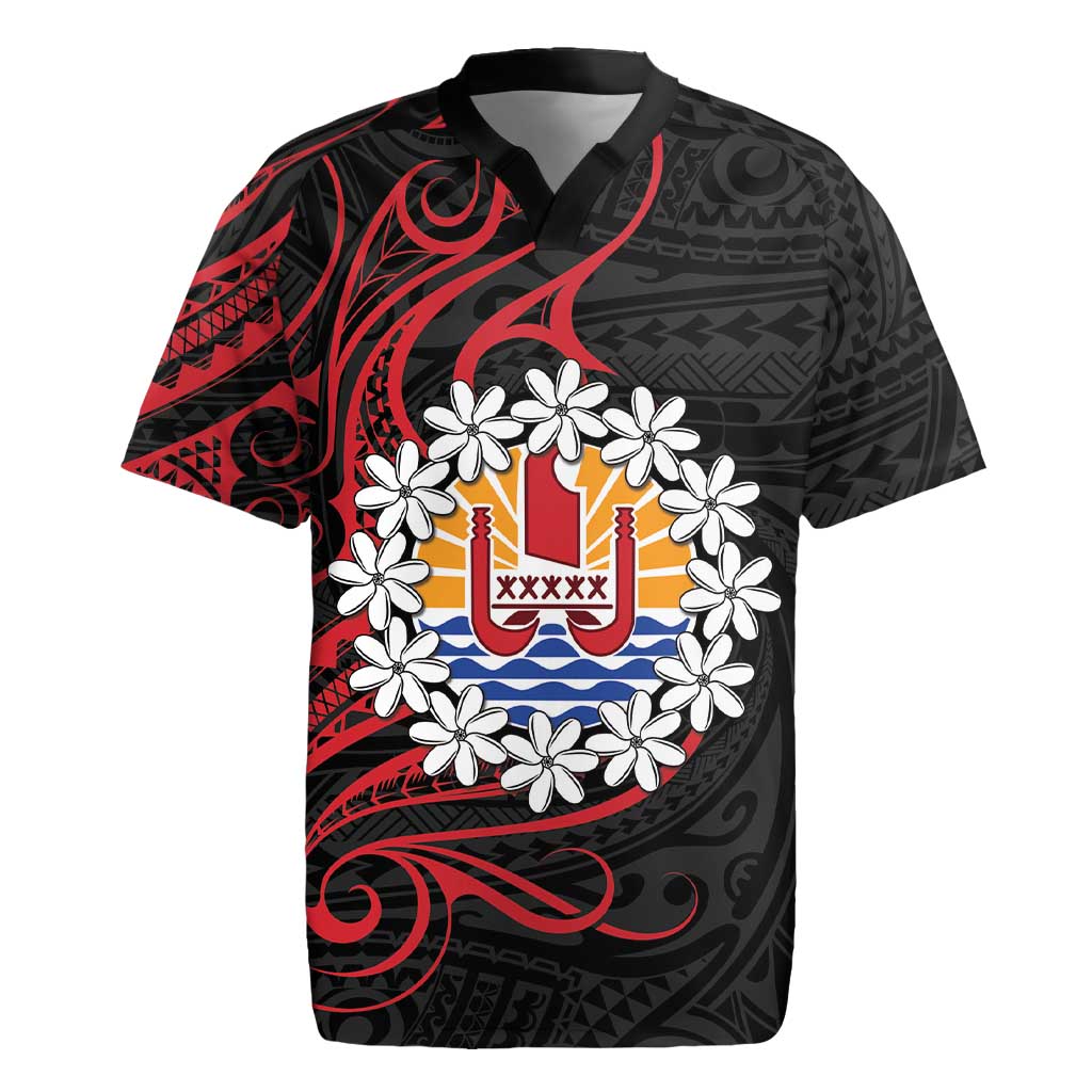 Tahitian Coat Of Arm and Tiare Flower Rugby Jersey Polynesian Tribal Tattoo