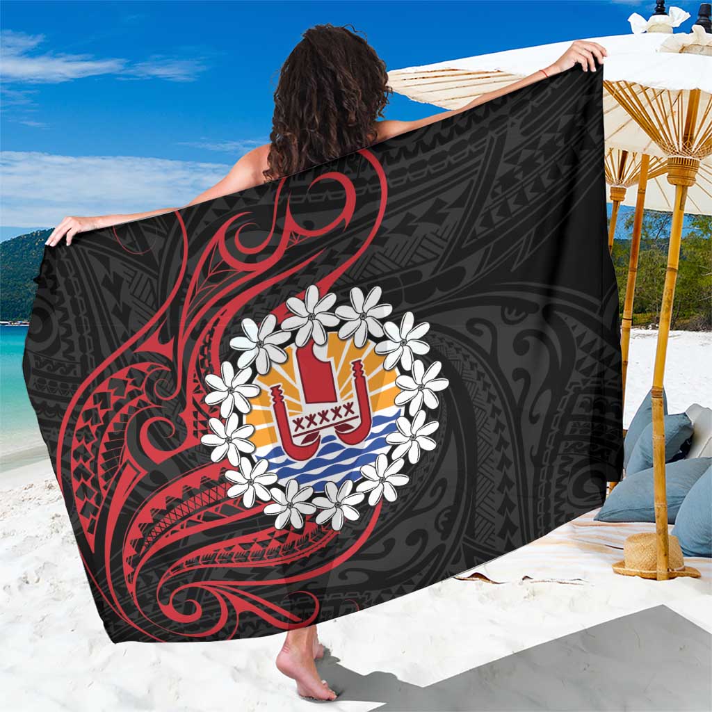 Tahitian Coat Of Arm and Tiare Flower Sarong Polynesian Tribal Tattoo LT9 One Size 44 x 66 inches Black - Polynesian Pride