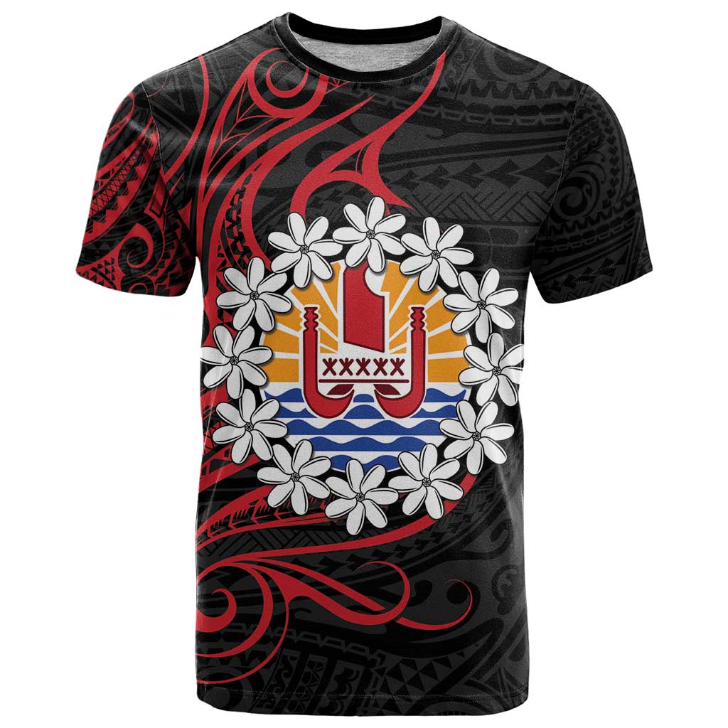 Tahitian Coat Of Arm and Tiare Flower T Shirt Polynesian Tribal Tattoo LT9 Black - Polynesian Pride