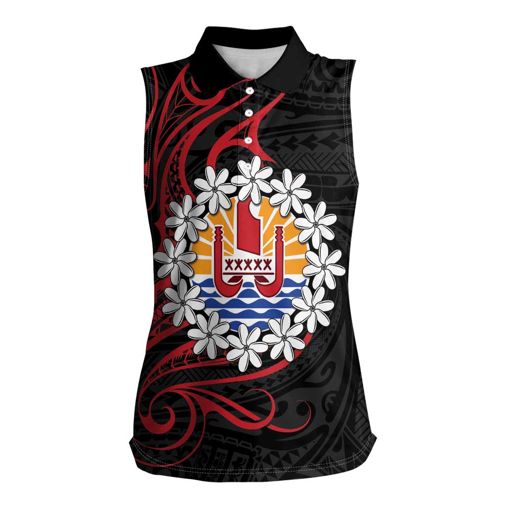 Tahitian Coat Of Arm and Tiare Flower Women Sleeveless Polo Shirt Polynesian Tribal Tattoo