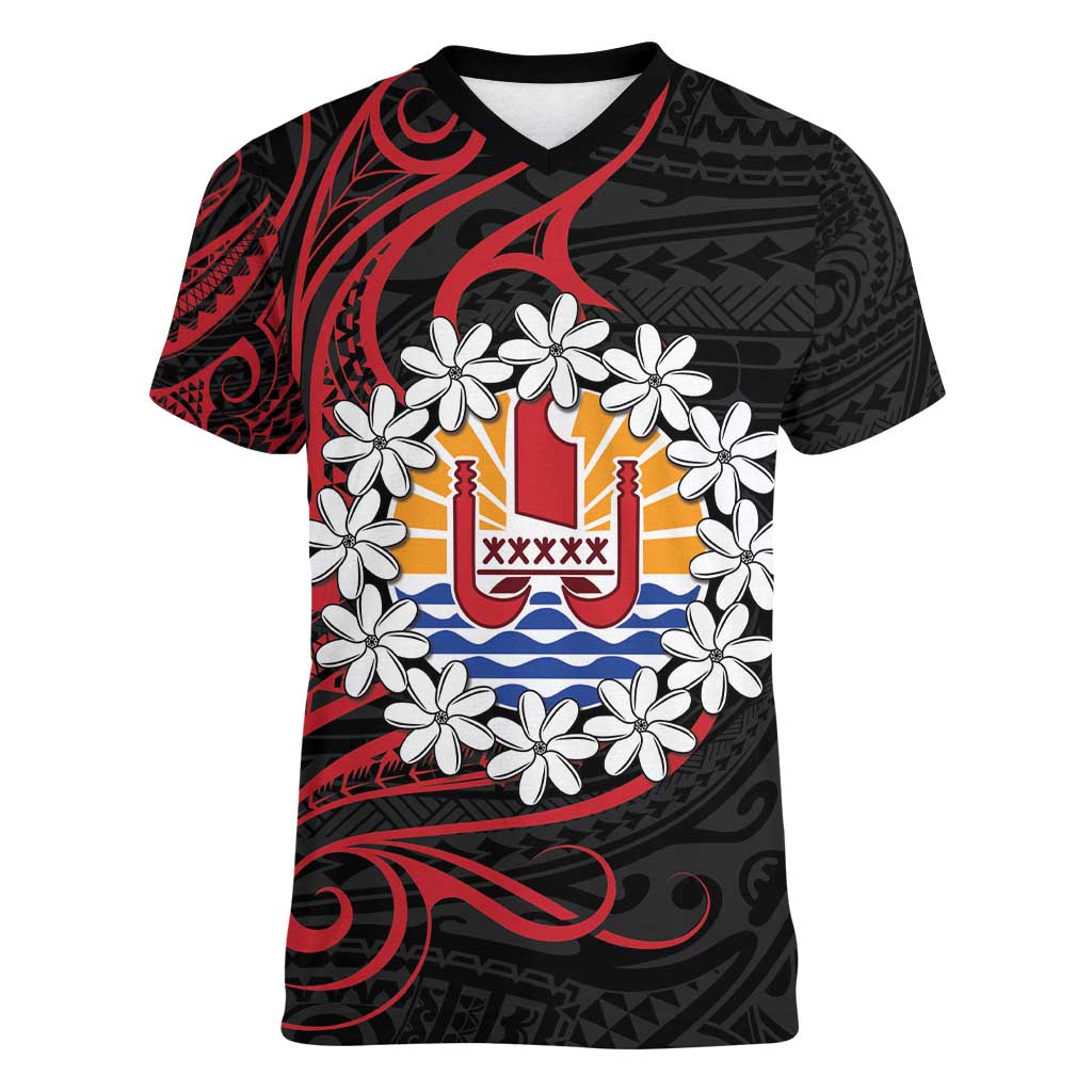 Tahitian Coat Of Arm and Tiare Flower Women V-Neck T-Shirt Polynesian Tribal Tattoo