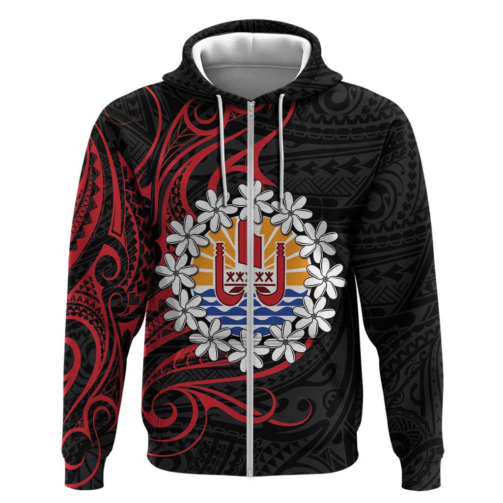 Tahitian Coat Of Arm and Tiare Flower Zip Hoodie Polynesian Tribal Tattoo