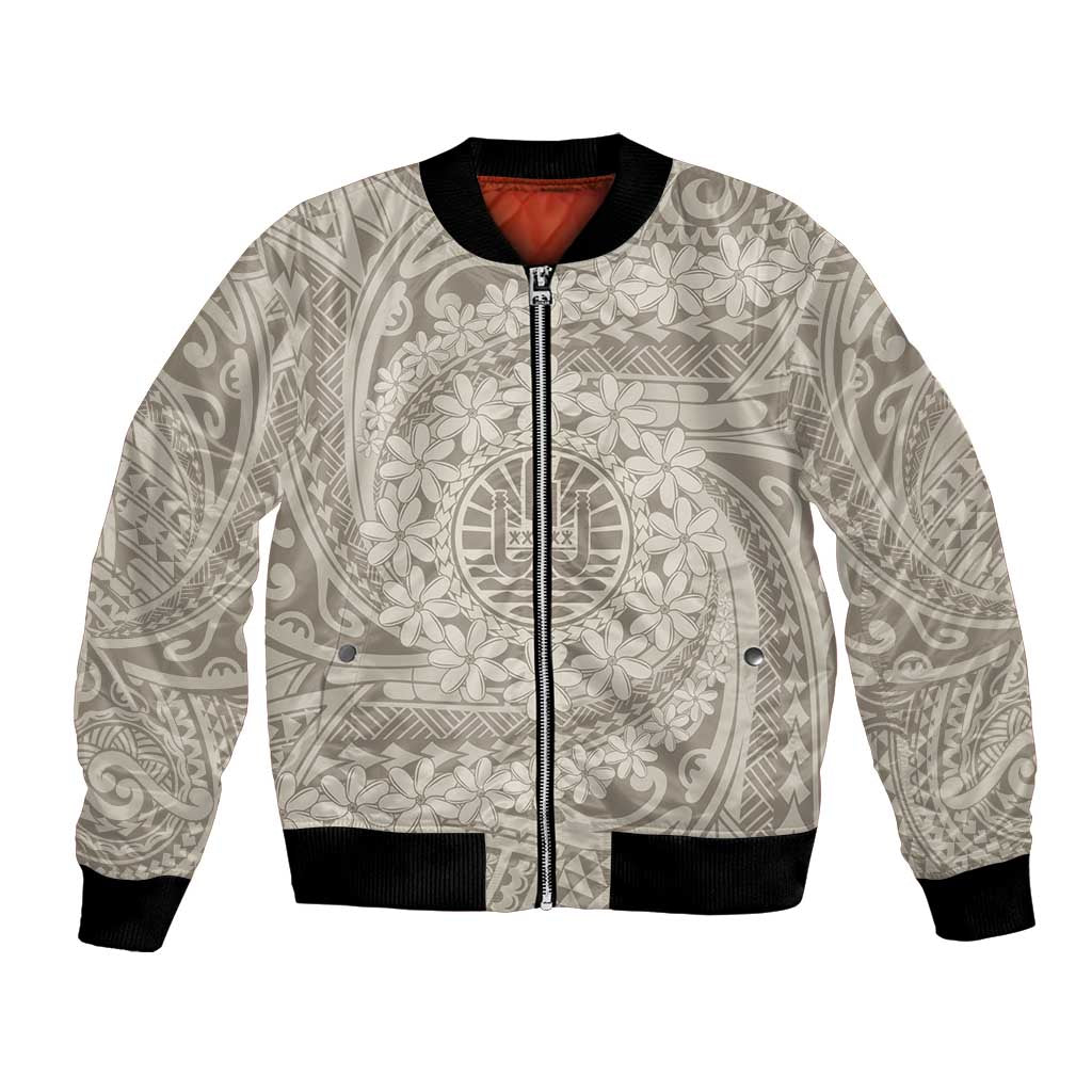 Tahitian Tiare Flower Bomber Jacket Beige Polynesian Pattern LT9 Unisex Beige - Polynesian Pride
