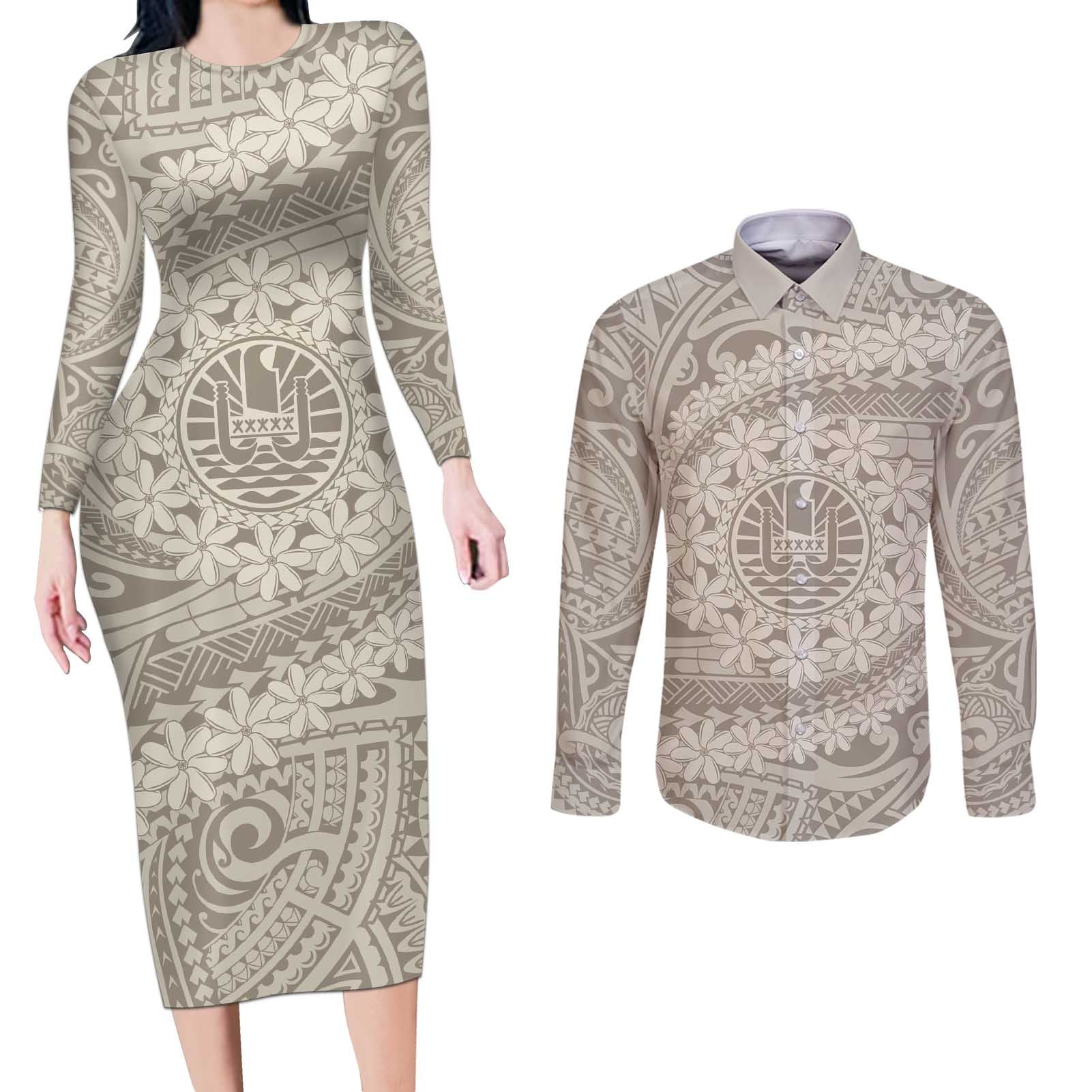 Tahitian Tiare Flower Couples Matching Long Sleeve Bodycon Dress and Long Sleeve Button Shirt Beige Polynesian Pattern