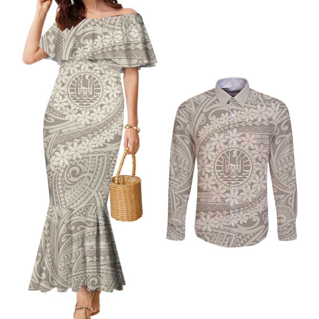 Tahitian Tiare Flower Couples Matching Mermaid Dress and Long Sleeve Button Shirt Beige Polynesian Pattern