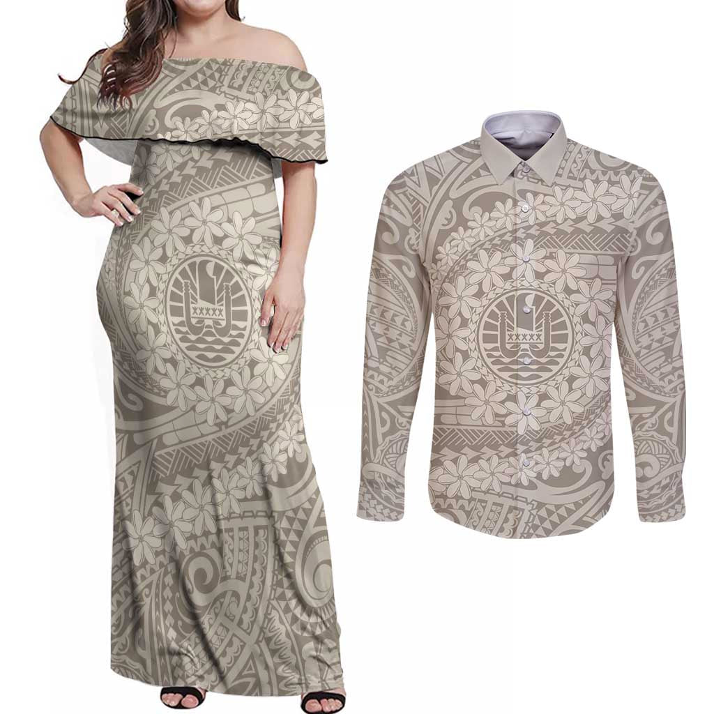 Tahitian Tiare Flower Couples Matching Off Shoulder Maxi Dress and Long Sleeve Button Shirt Beige Polynesian Pattern