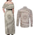 Tahitian Tiare Flower Couples Matching Off Shoulder Maxi Dress and Long Sleeve Button Shirt Beige Polynesian Pattern