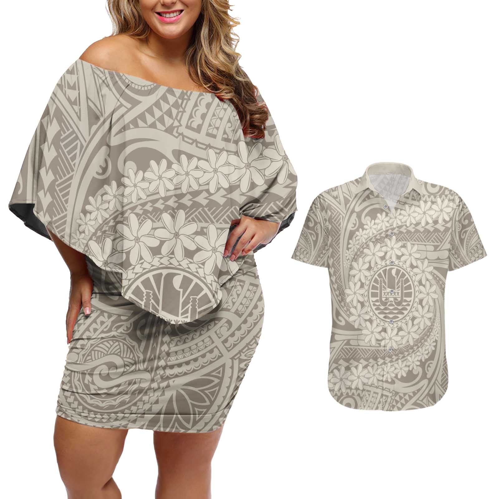 Tahitian Tiare Flower Couples Matching Off Shoulder Short Dress and Hawaiian Shirt Beige Polynesian Pattern