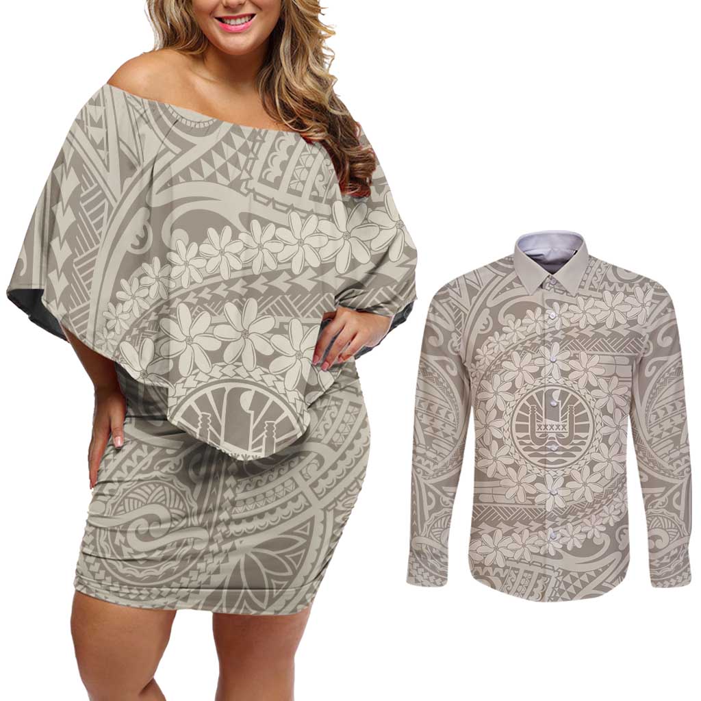 Tahitian Tiare Flower Couples Matching Off Shoulder Short Dress and Long Sleeve Button Shirt Beige Polynesian Pattern