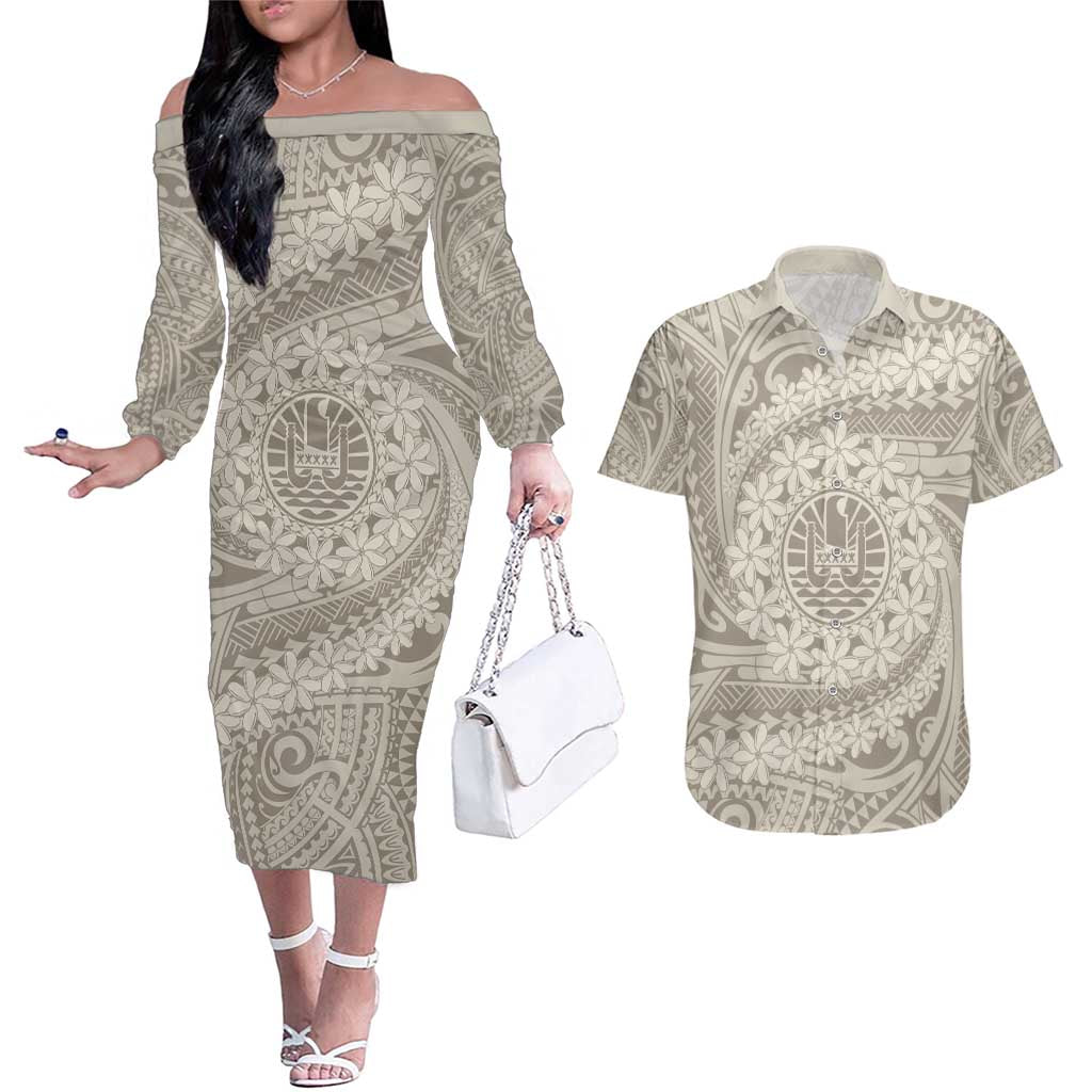 Tahitian Tiare Flower Couples Matching Off The Shoulder Long Sleeve Dress and Hawaiian Shirt Beige Polynesian Pattern