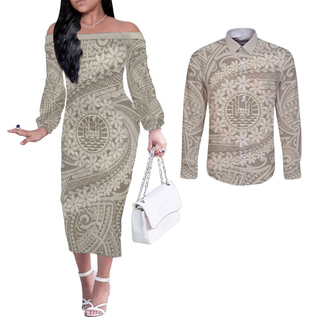 Tahitian Tiare Flower Couples Matching Off The Shoulder Long Sleeve Dress and Long Sleeve Button Shirt Beige Polynesian Pattern