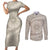 Tahitian Tiare Flower Couples Matching Short Sleeve Bodycon Dress and Long Sleeve Button Shirt Beige Polynesian Pattern