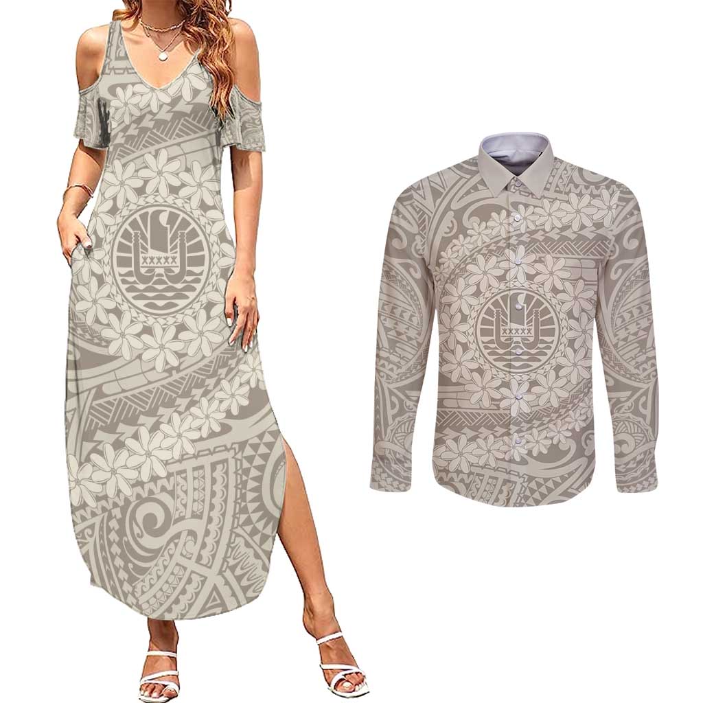 Tahitian Tiare Flower Couples Matching Summer Maxi Dress and Long Sleeve Button Shirt Beige Polynesian Pattern