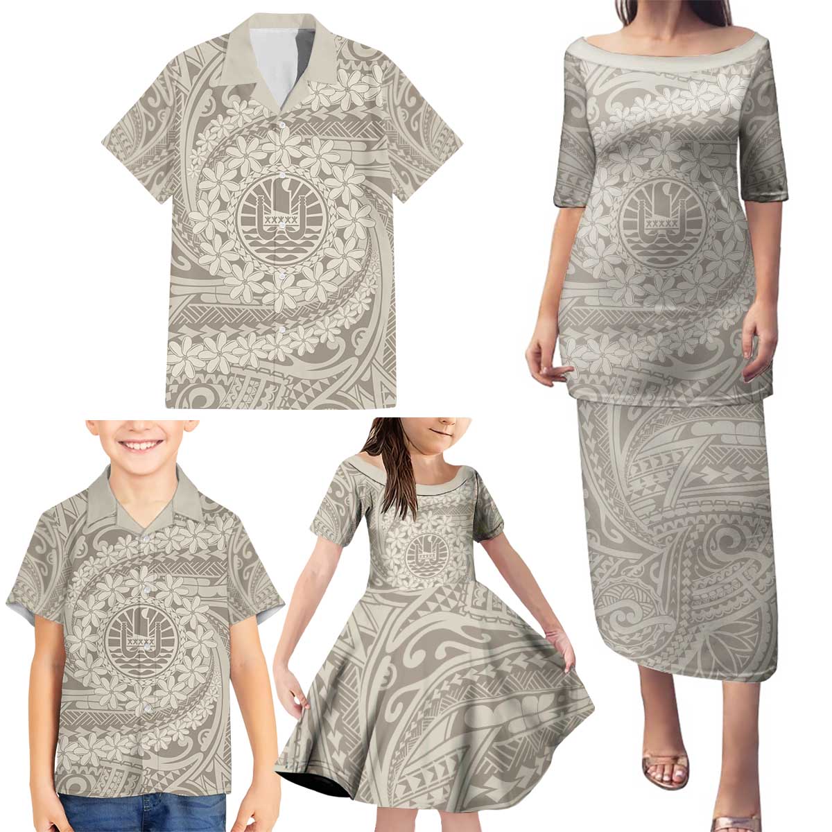 Tahitian Tiare Flower Family Matching Puletasi and Hawaiian Shirt Beige Polynesian Pattern