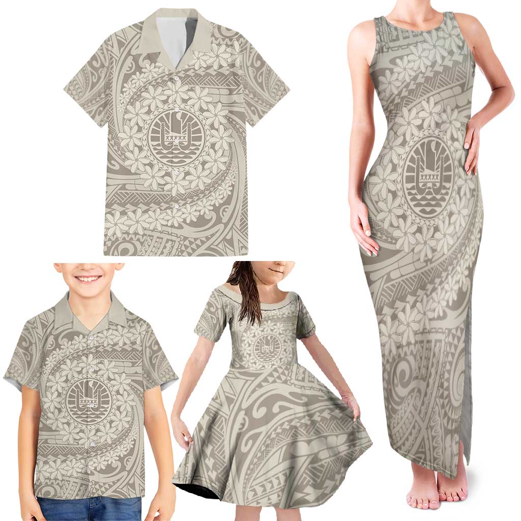 Tahitian Tiare Flower Family Matching Tank Maxi Dress and Hawaiian Shirt Beige Polynesian Pattern