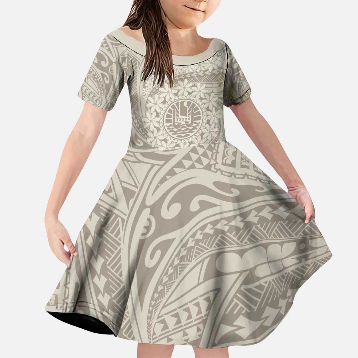 Tahitian Tiare Flower Kid Short Sleeve Dress Beige Polynesian Pattern