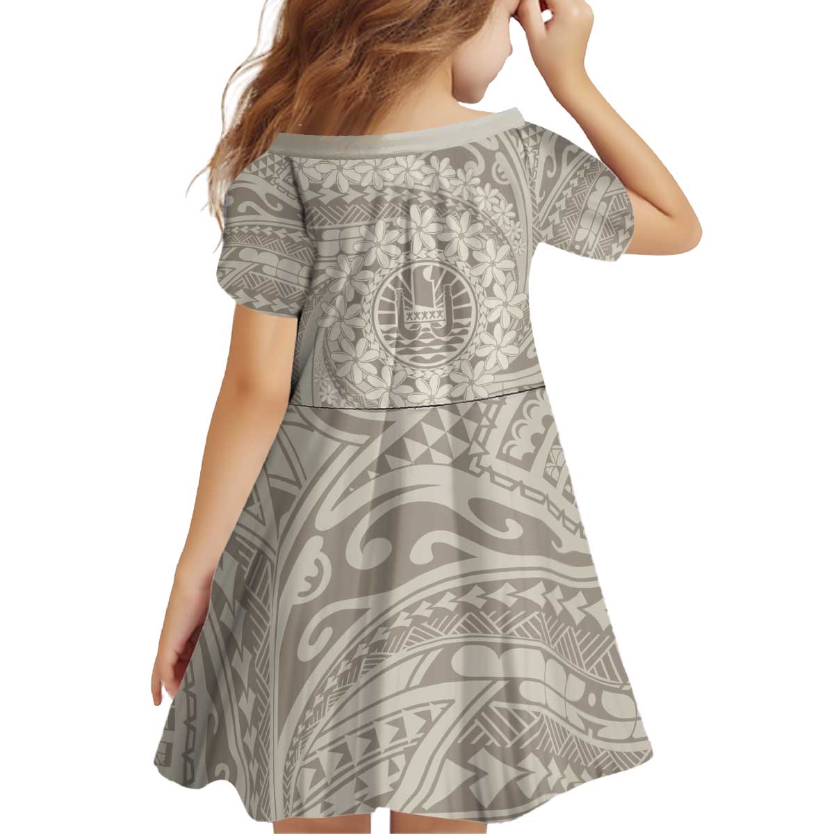 Tahitian Tiare Flower Kid Short Sleeve Dress Beige Polynesian Pattern LT9 - Polynesian Pride