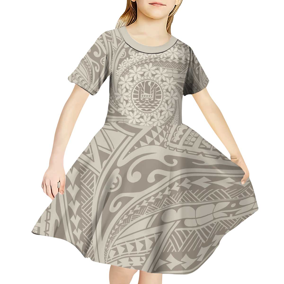 Tahitian Tiare Flower Kid Short Sleeve Dress Beige Polynesian Pattern LT9 - Polynesian Pride
