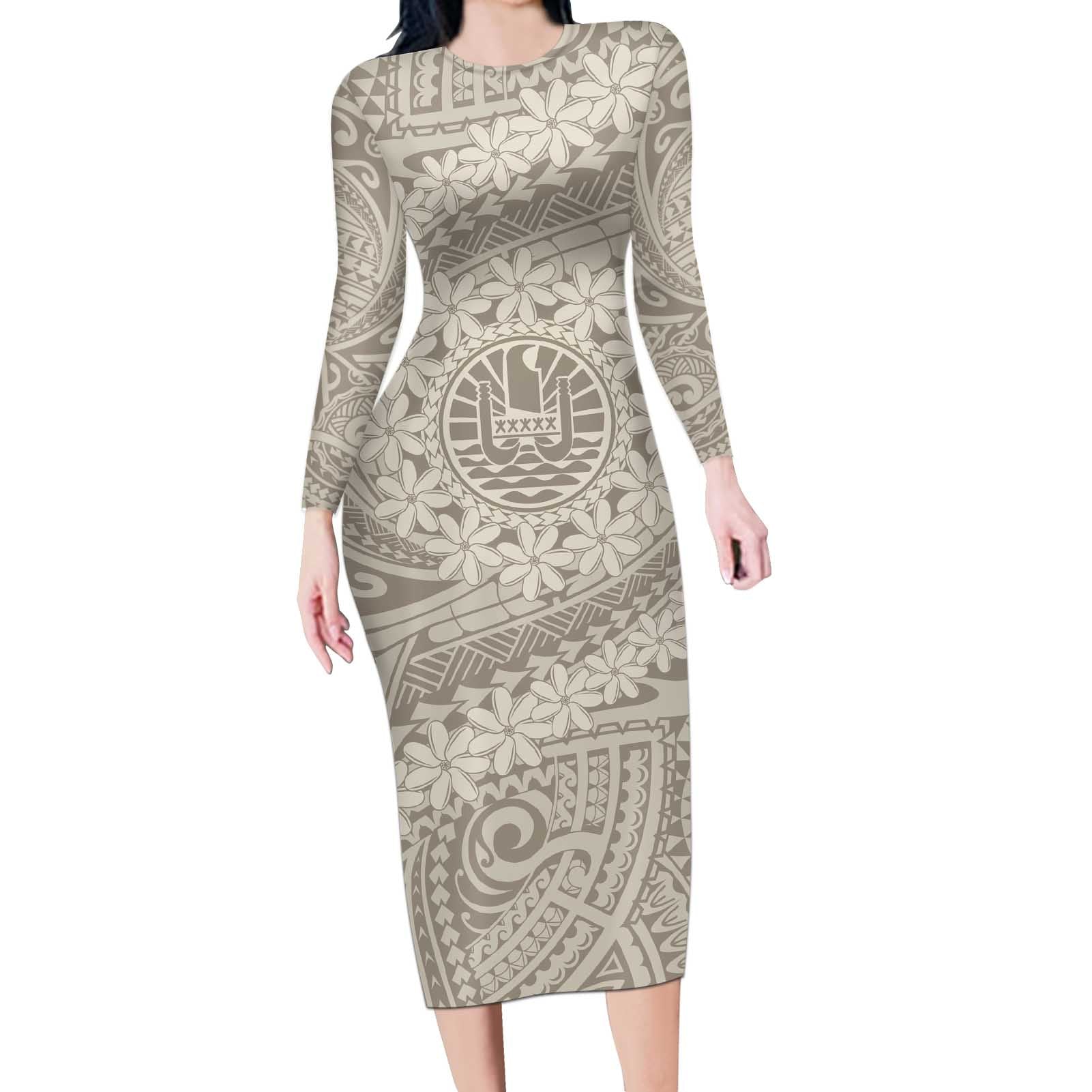 Tahitian Tiare Flower Long Sleeve Bodycon Dress Beige Polynesian Pattern