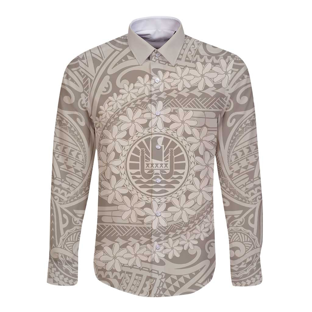 Tahitian Tiare Flower Long Sleeve Button Shirt Beige Polynesian Pattern LT9 Unisex Beige - Polynesian Pride