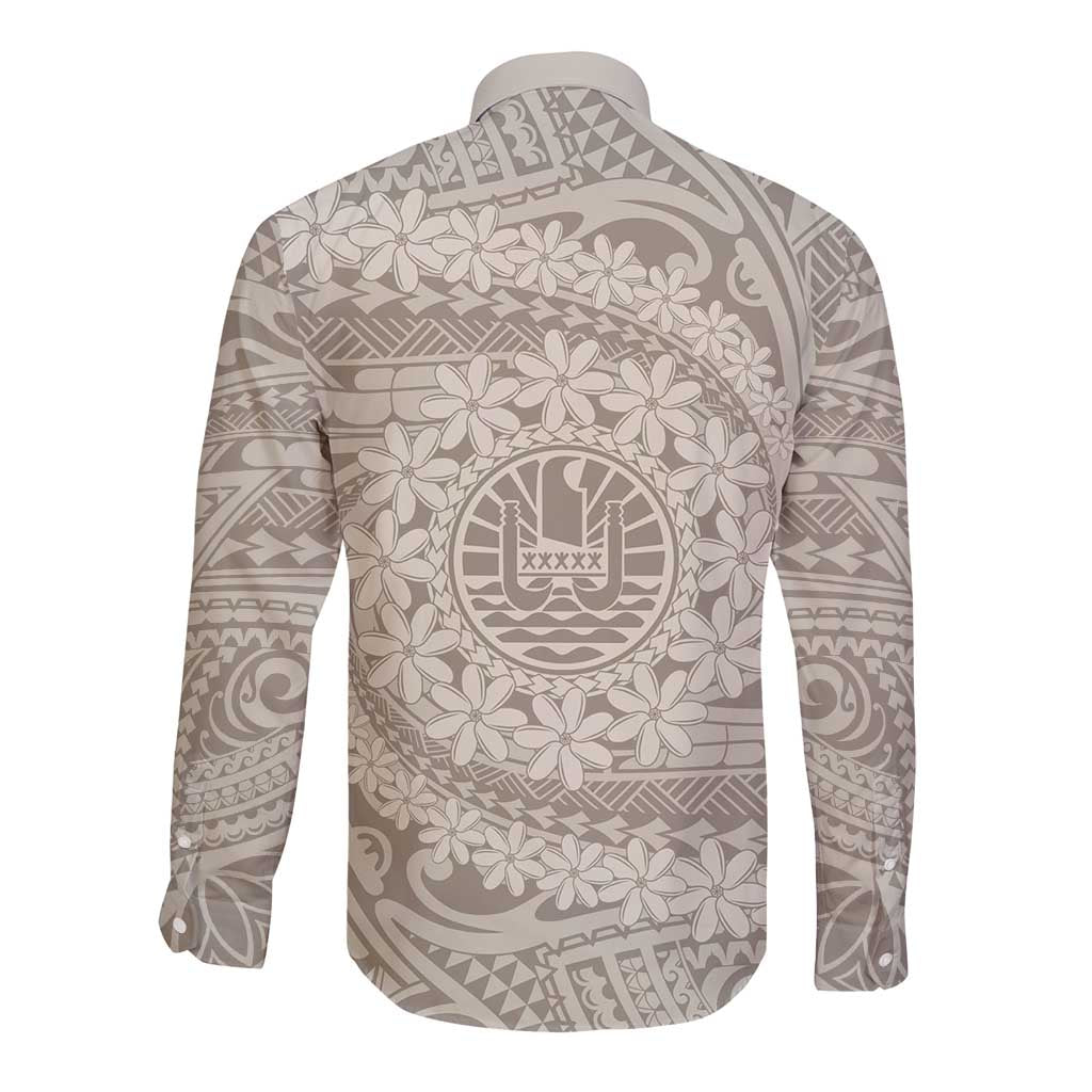 Tahitian Tiare Flower Long Sleeve Button Shirt Beige Polynesian Pattern LT9 - Polynesian Pride