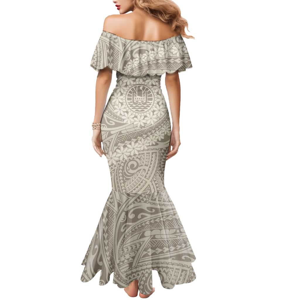 Tahitian Tiare Flower Mermaid Dress Beige Polynesian Pattern LT9 - Polynesian Pride