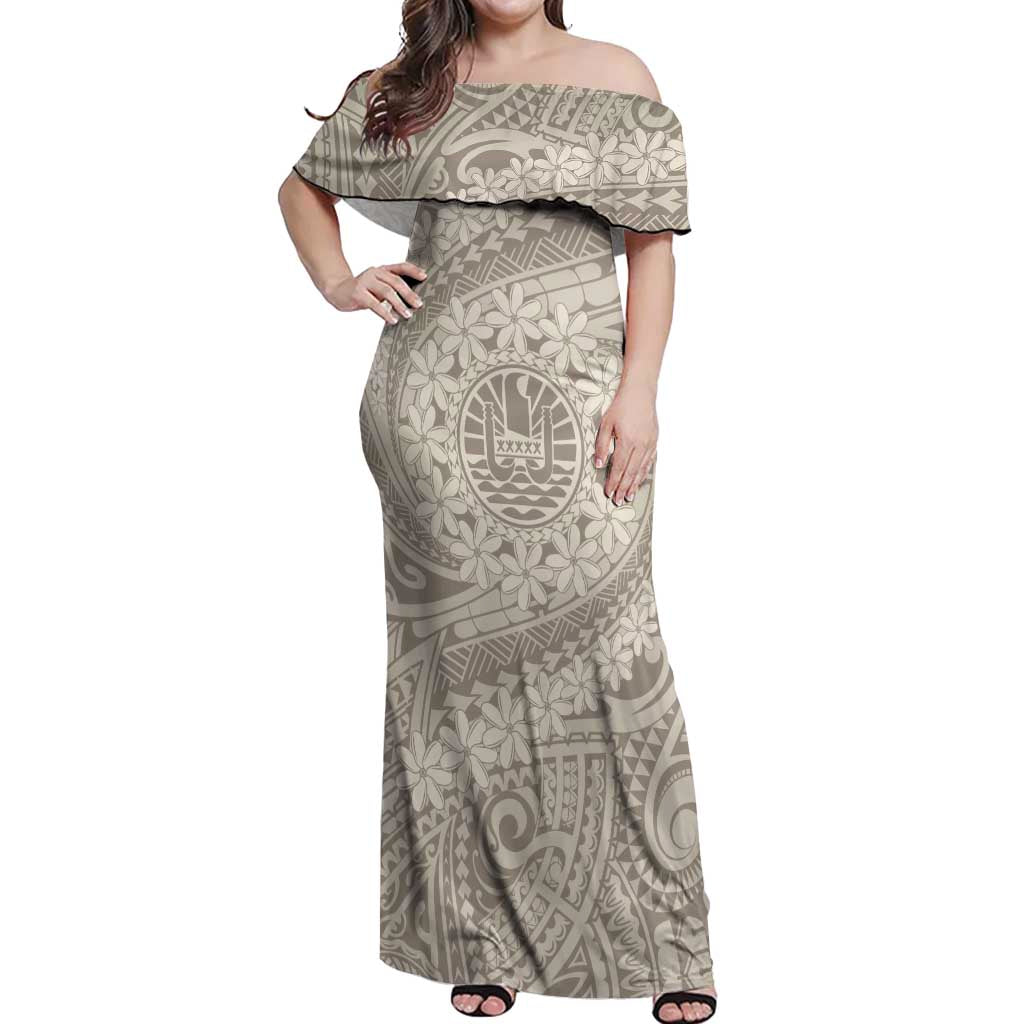 Tahitian Tiare Flower Off Shoulder Maxi Dress Beige Polynesian Pattern