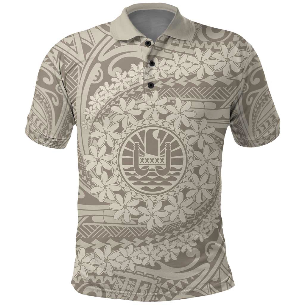 Tahitian Tiare Flower Polo Shirt Beige Polynesian Pattern