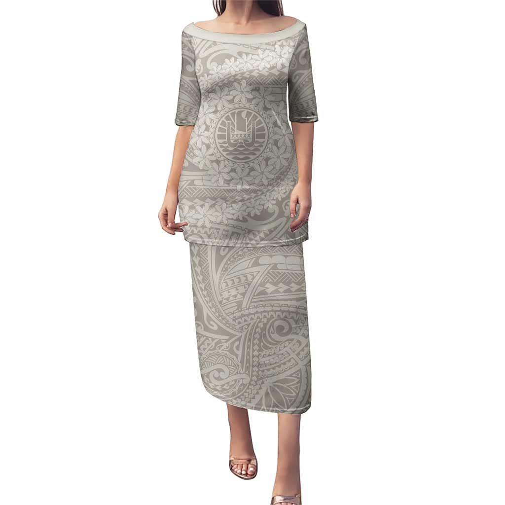 Tahitian Tiare Flower Puletasi Beige Polynesian Pattern LT9 Long Dress Beige - Polynesian Pride